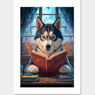 Cute Siberian husky reading book Posters and Art